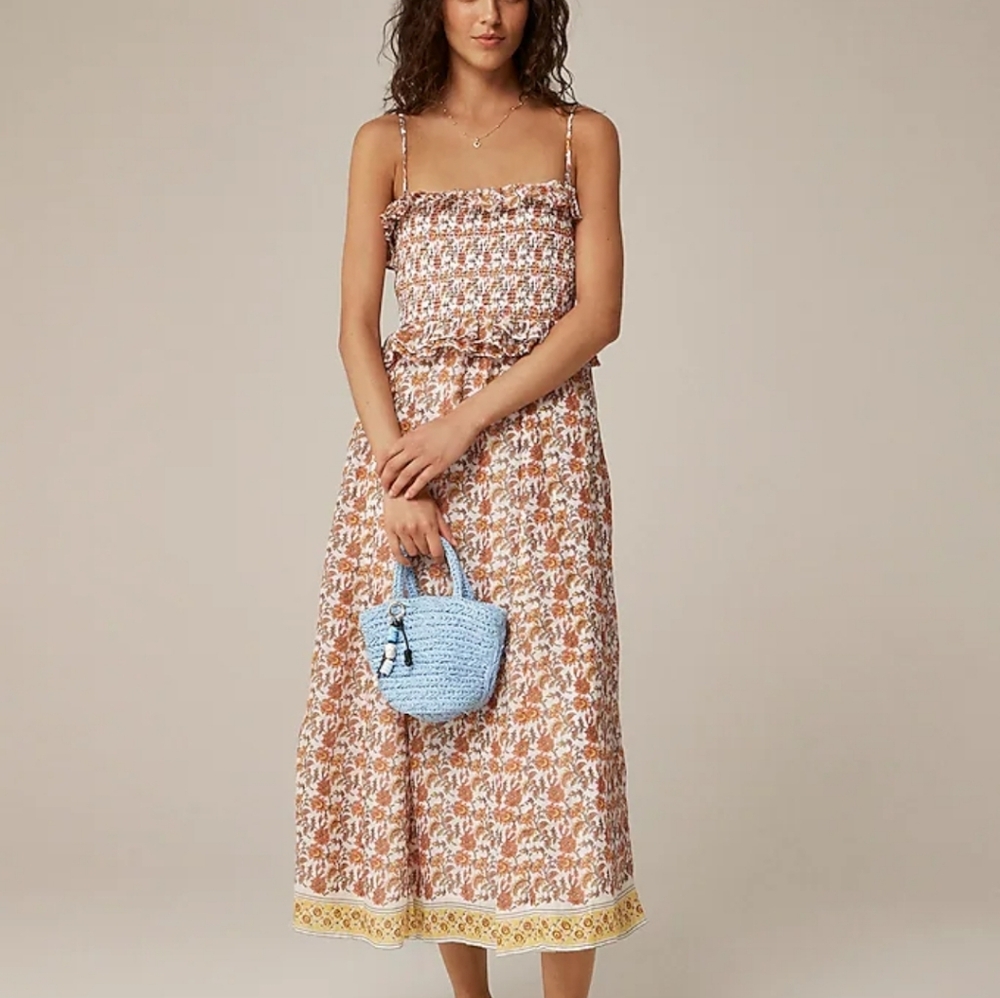 J. Crew Floral Maxi Dress in Brown and Cream with Yellow Border